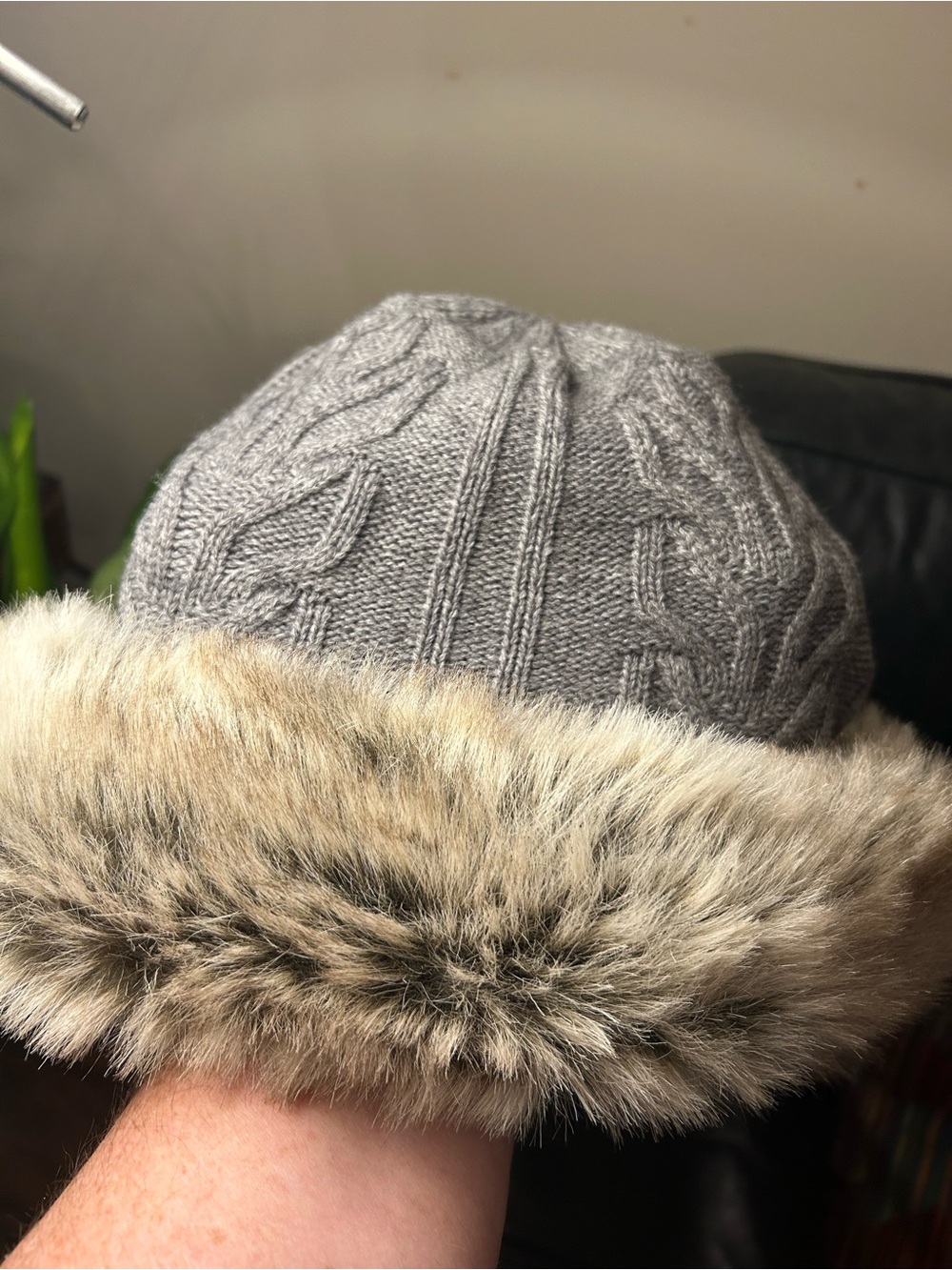 Parkhurst Gray Cable Knit Beanie with Faux Fur Trim